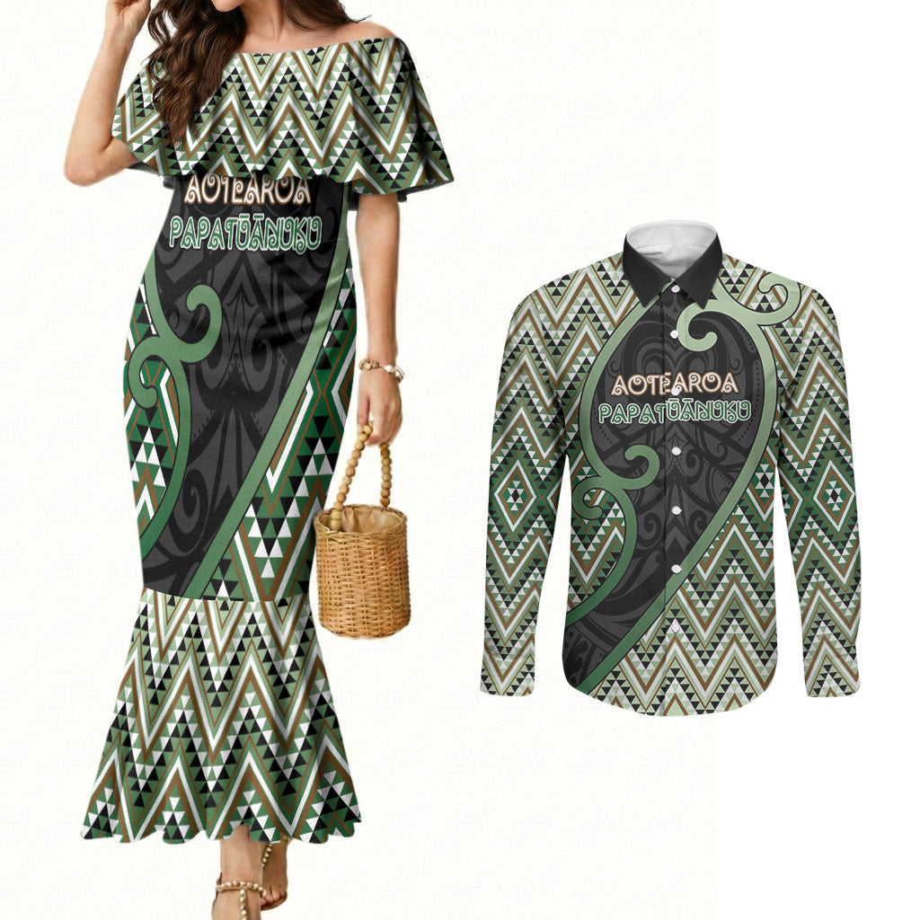 Custom Aotearoa Atua Papatuanuku Couples Matching Mermaid Dress and Long Sleeve Button Shirt Earth Mother Father Koru Patterns DT05 Green - Polynesian Pride