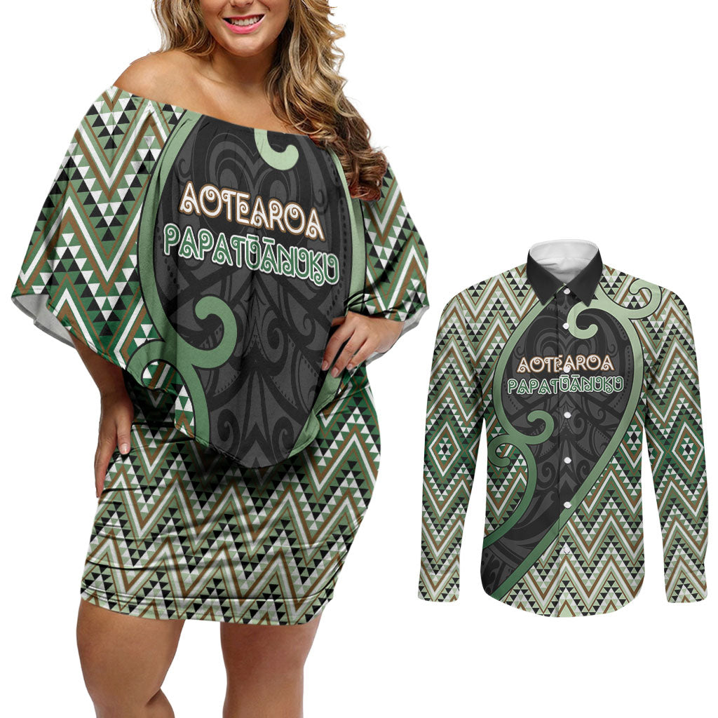 Custom Aotearoa Atua Papatuanuku Couples Matching Off Shoulder Short Dress and Long Sleeve Button Shirt Earth Mother Father Koru Patterns DT05 Green - Polynesian Pride