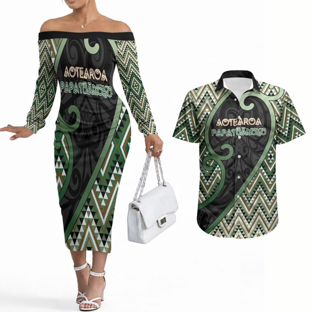 Custom Aotearoa Atua Papatuanuku Couples Matching Off The Shoulder Long Sleeve Dress and Hawaiian Shirt Earth Mother Father Koru Patterns DT05 Green - Polynesian Pride