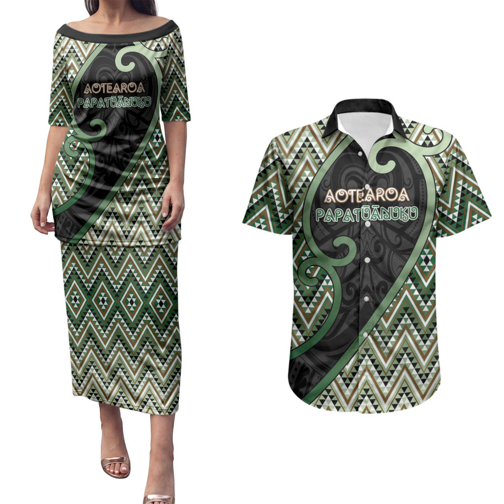 Custom Aotearoa Atua Papatuanuku Couples Matching Puletasi and Hawaiian Shirt Earth Mother Father Koru Patterns DT05 Green - Polynesian Pride