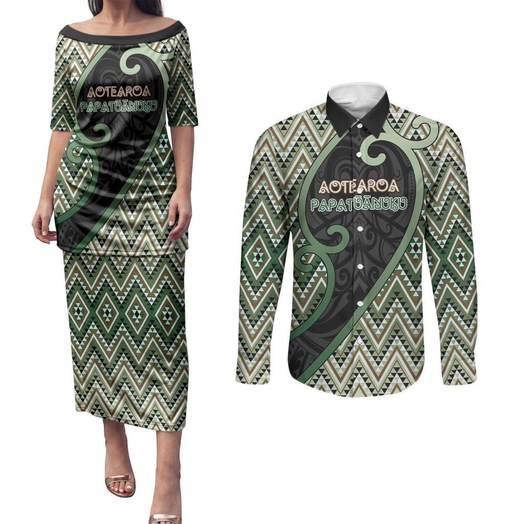 Custom Aotearoa Atua Papatuanuku Couples Matching Puletasi and Long Sleeve Button Shirt Earth Mother Father Koru Patterns DT05 Green - Polynesian Pride