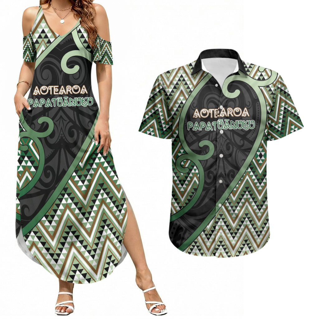 Custom Aotearoa Atua Papatuanuku Couples Matching Summer Maxi Dress and Hawaiian Shirt Earth Mother Father Koru Patterns DT05 Green - Polynesian Pride