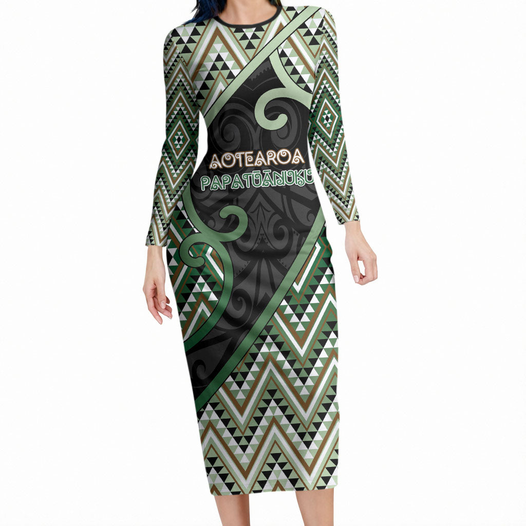 Custom Aotearoa Atua Papatuanuku Long Sleeve Bodycon Dress Earth Mother Father Koru Patterns DT05 Long Dress Green - Polynesian Pride