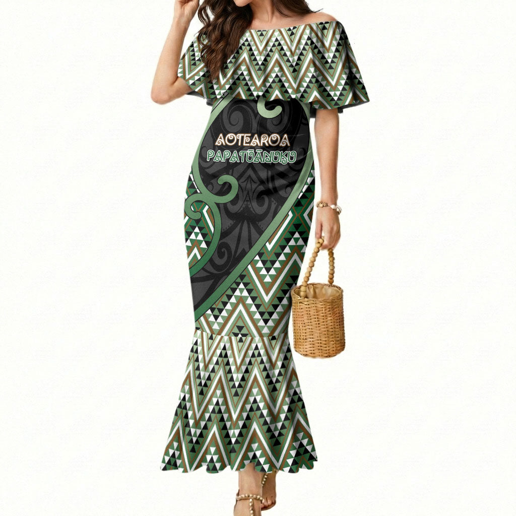 Custom Aotearoa Atua Papatuanuku Mermaid Dress Earth Mother Father Koru Patterns