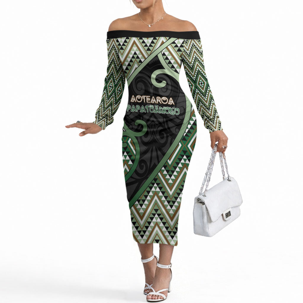 Custom Aotearoa Atua Papatuanuku Off The Shoulder Long Sleeve Dress Earth Mother Father Koru Patterns DT05 Women Green - Polynesian Pride