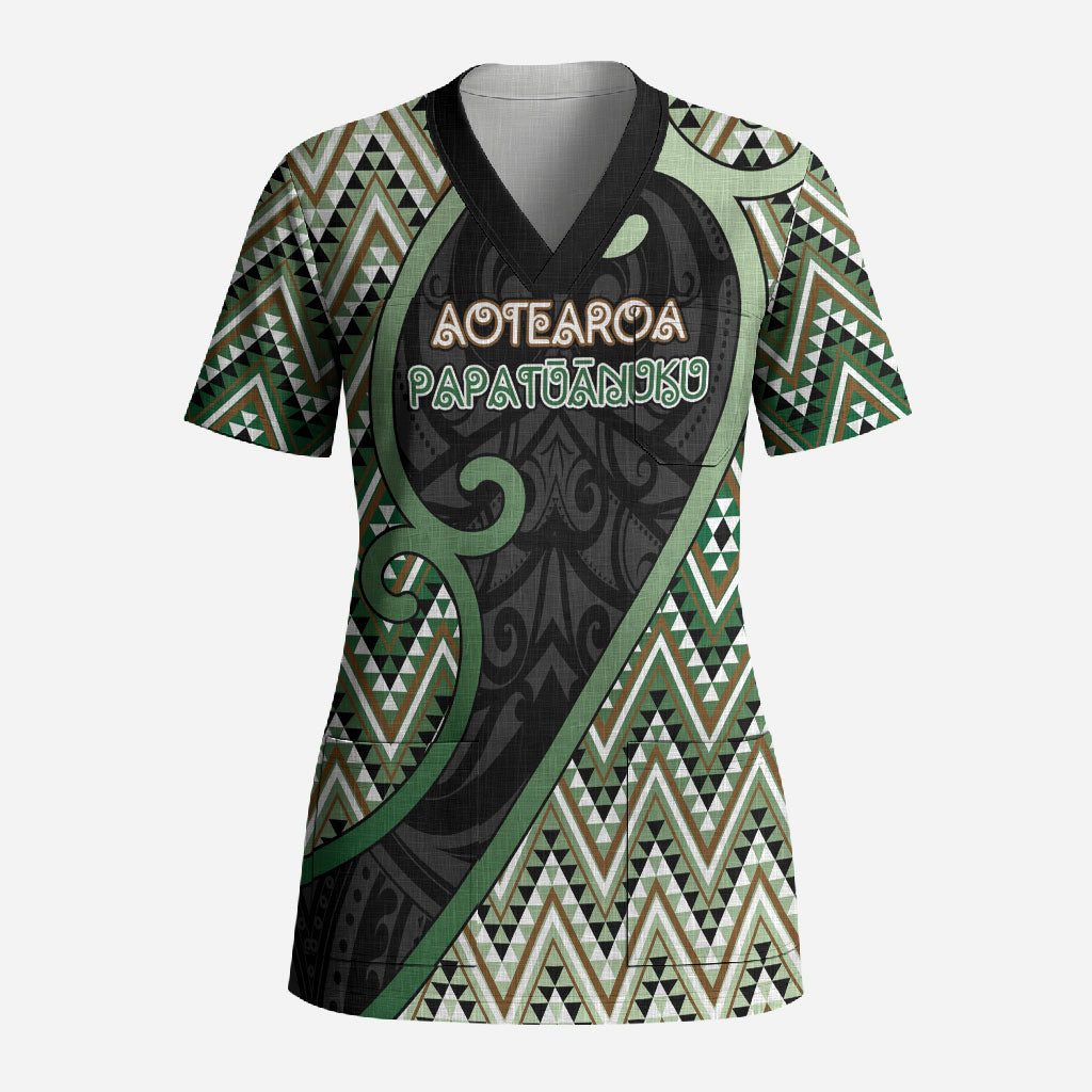 Custom Aotearoa Atua Papatuanuku Scrub Top Earth Mother Father Koru Patterns DT05 Adult Green - Polynesian Pride