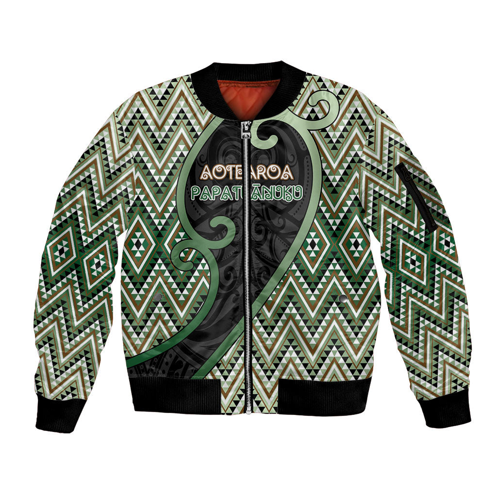 Custom Aotearoa Atua Papatuanuku Sleeve Zip Bomber Jacket Earth Mother Father Koru Patterns DT05 Unisex Green - Polynesian Pride