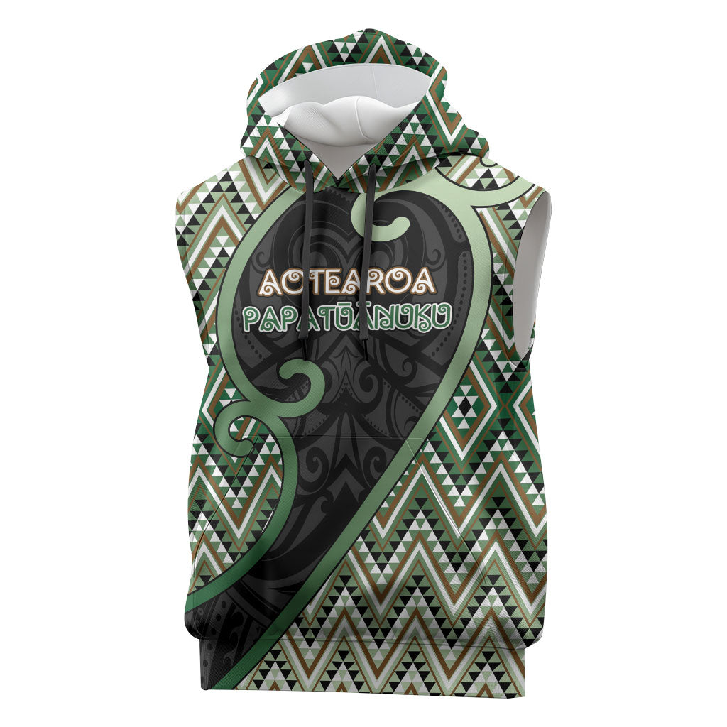 Custom Aotearoa Atua Papatuanuku Sleeveless Hoodie Earth Mother Father Koru Patterns DT05 Green - Polynesian Pride
