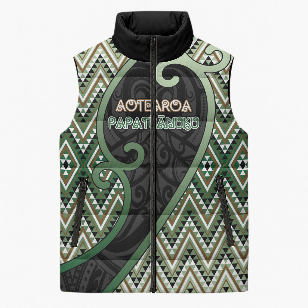 Custom Aotearoa Atua Papatuanuku Sleeveless Puffer Jacket Earth Mother Father Koru Patterns