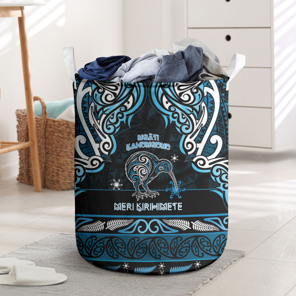 Ngati Kahungunu Aotearoa Meri Kirihimete Laundry Basket Maori Kiwi Bird Silver Fern Koru Pattern DT05 Blue - Polynesian Pride