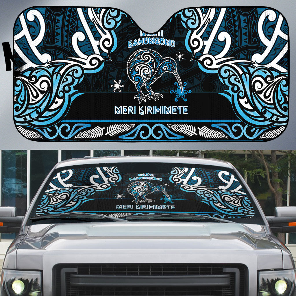 Ngati Kahungunu Aotearoa Meri Kirihimete Auto Sun Shade Maori Kiwi Bird Silver Fern Koru Pattern DT05 Blue - Polynesian Pride