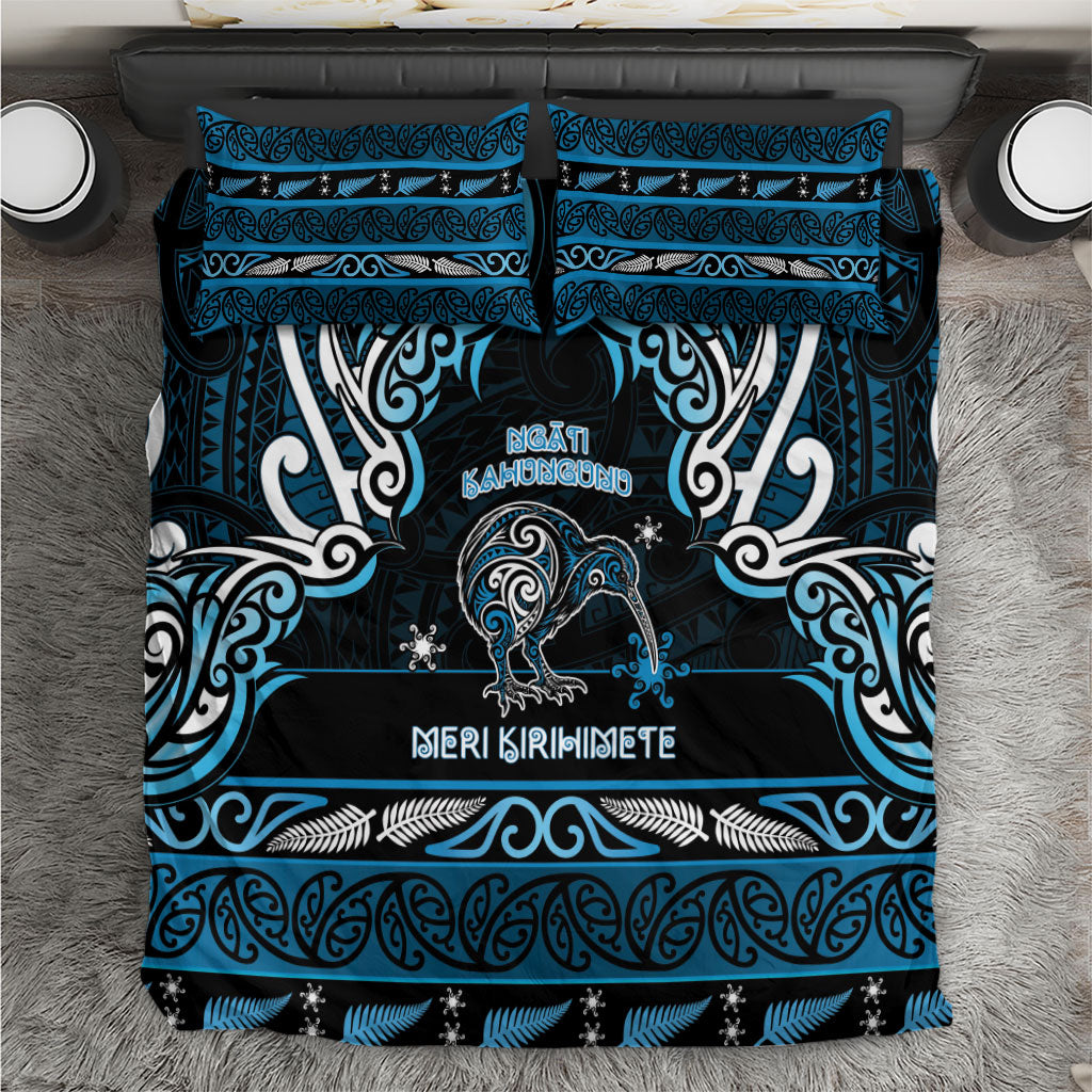Ngati Kahungunu Aotearoa Meri Kirihimete Bedding Set Maori Kiwi Bird Silver Fern Koru Pattern DT05 Blue - Polynesian Pride