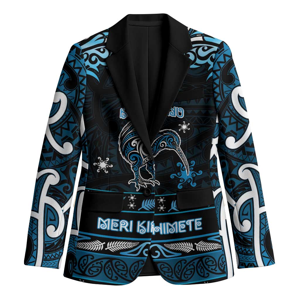 Personalised Ngati Kahungunu Aotearoa Meri Kirihimete Blazer Maori Kiwi Bird Silver Fern Koru Pattern DT05 Unisex Blue - Polynesian Pride