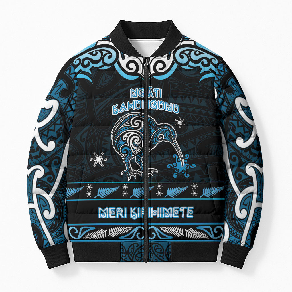 Personalised Ngati Kahungunu Aotearoa Meri Kirihimete Bomber Puffer Jacket Maori Kiwi Bird Silver Fern Koru Pattern DT05 Unisex Blue - Polynesian Pride