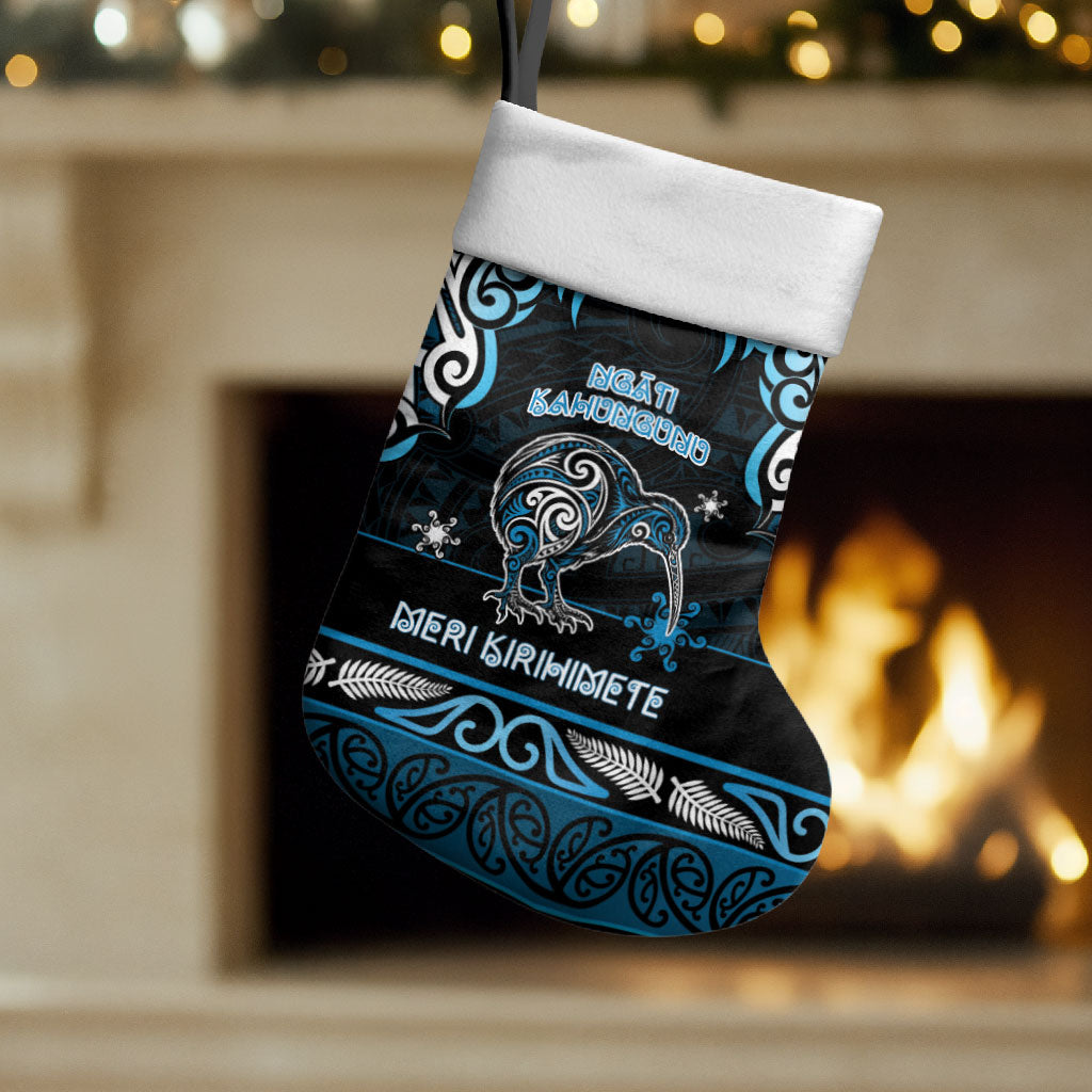 Personalised Ngati Kahungunu Aotearoa Meri Kirihimete Christmas Stocking Maori Kiwi Bird Silver Fern Koru Pattern DT05 Set of 2 Blue - Polynesian Pride