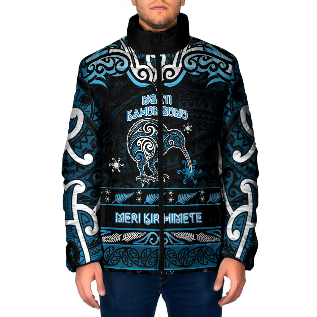Personalised Ngati Kahungunu Aotearoa Meri Kirihimete Padded Jacket Maori Kiwi Bird Silver Fern Koru Pattern DT05 Men Blue - Polynesian Pride