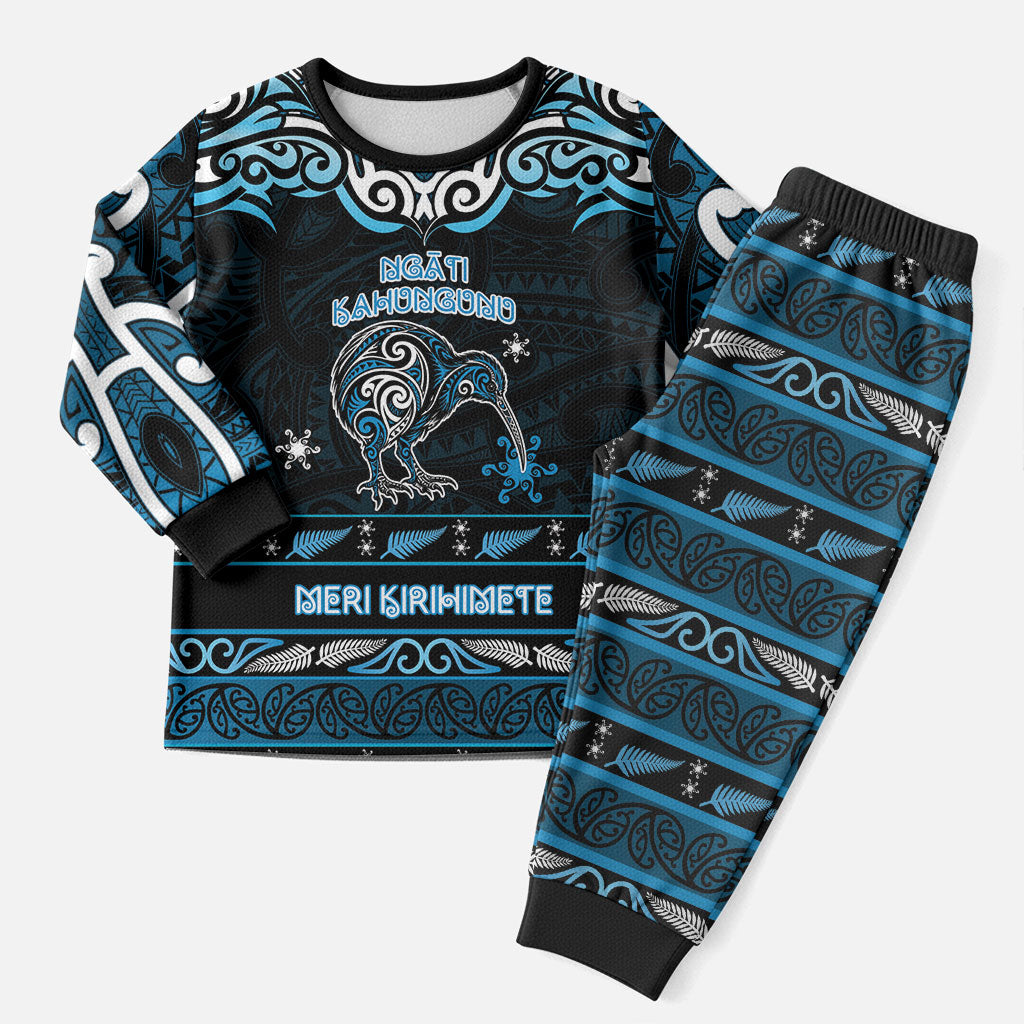 Personalised Ngati Kahungunu Aotearoa Meri Kirihimete Christmas Pajama Set Maori Kiwi Bird Silver Fern Koru Pattern DT05 Men Blue - Polynesian Pride