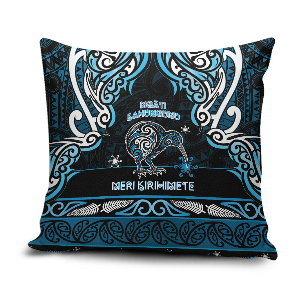 Ngati Kahungunu Aotearoa Meri Kirihimete Pillow Cover Maori Kiwi Bird Silver Fern Koru Pattern DT05 Blue - Polynesian Pride