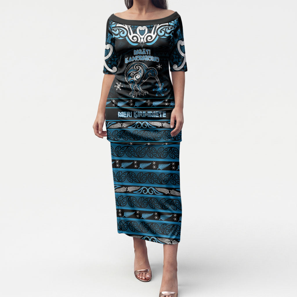 Personalised Ngati Kahungunu Aotearoa Meri Kirihimete Puletasi Maori Kiwi Bird Silver Fern Koru Pattern DT05 Long Dress Blue - Polynesian Pride