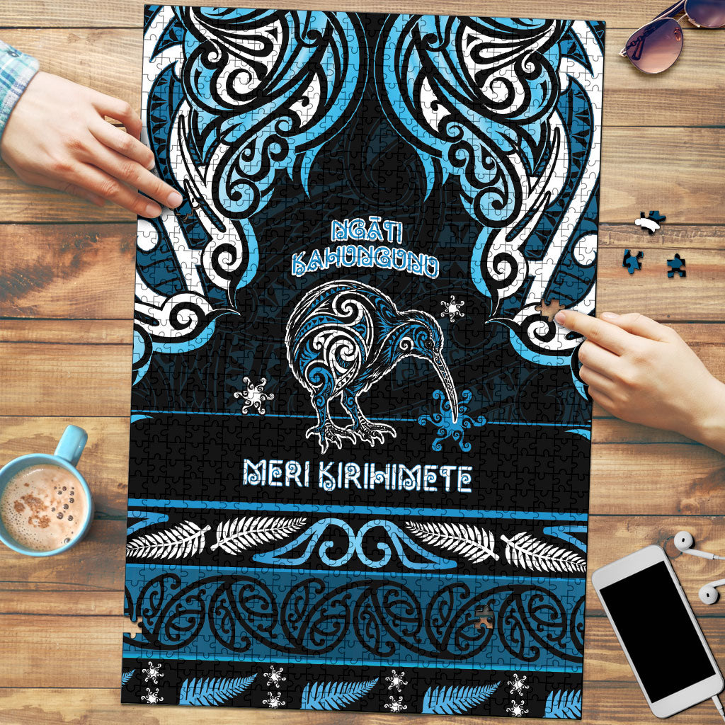 Ngati Kahungunu Aotearoa Meri Kirihimete Puzzle Maori Kiwi Bird Silver Fern Koru Pattern DT05 Blue - Polynesian Pride