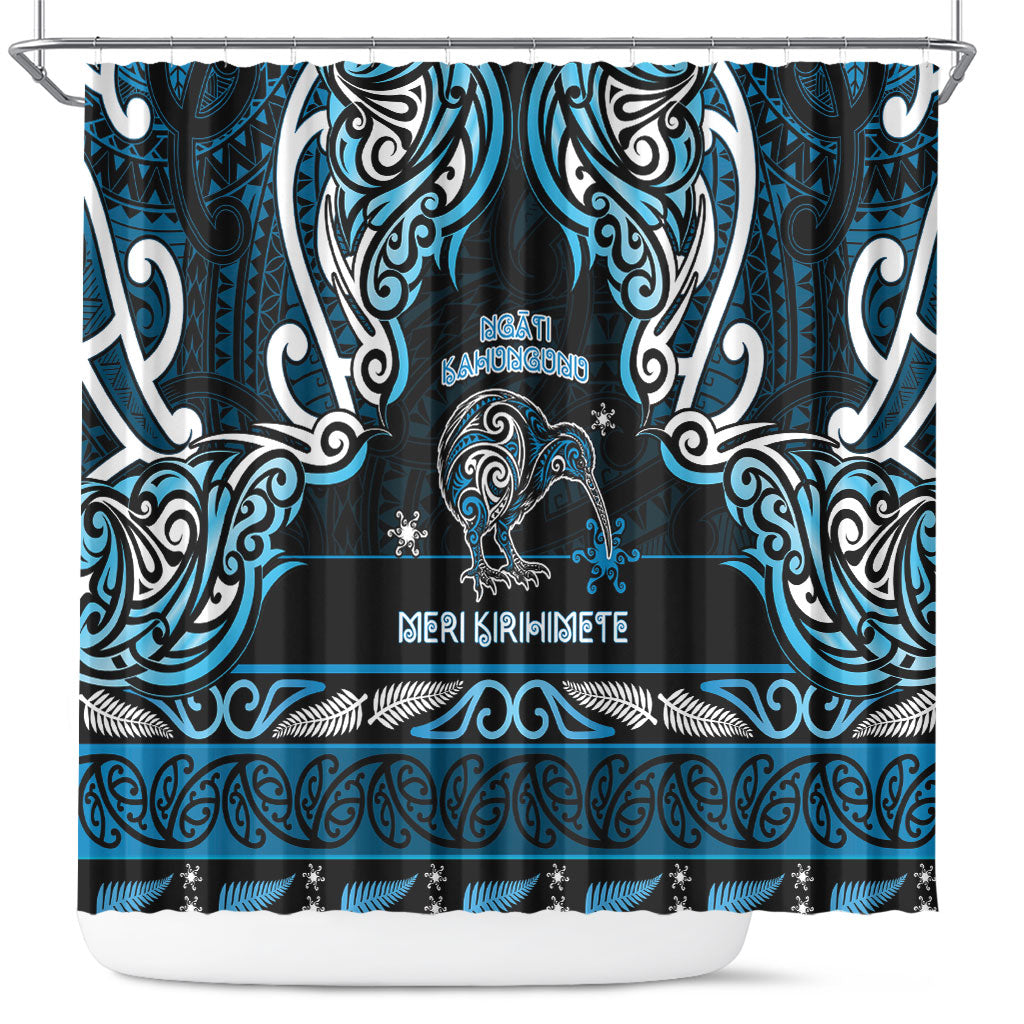 Ngati Kahungunu Aotearoa Meri Kirihimete Shower Curtain Maori Kiwi Bird Silver Fern Koru Pattern DT05 Blue - Polynesian Pride