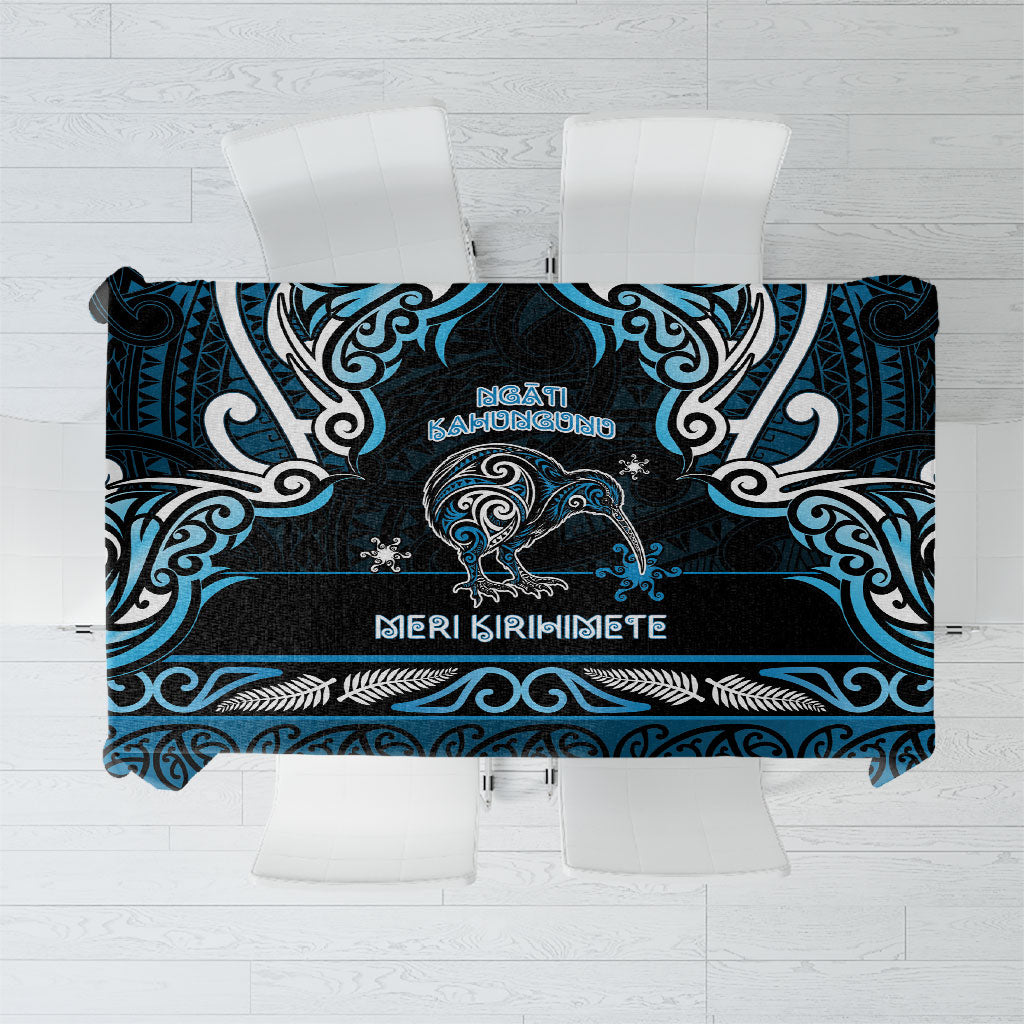 Ngati Kahungunu Aotearoa Meri Kirihimete Tablecloth Maori Kiwi Bird Silver Fern Koru Pattern DT05 Blue - Polynesian Pride
