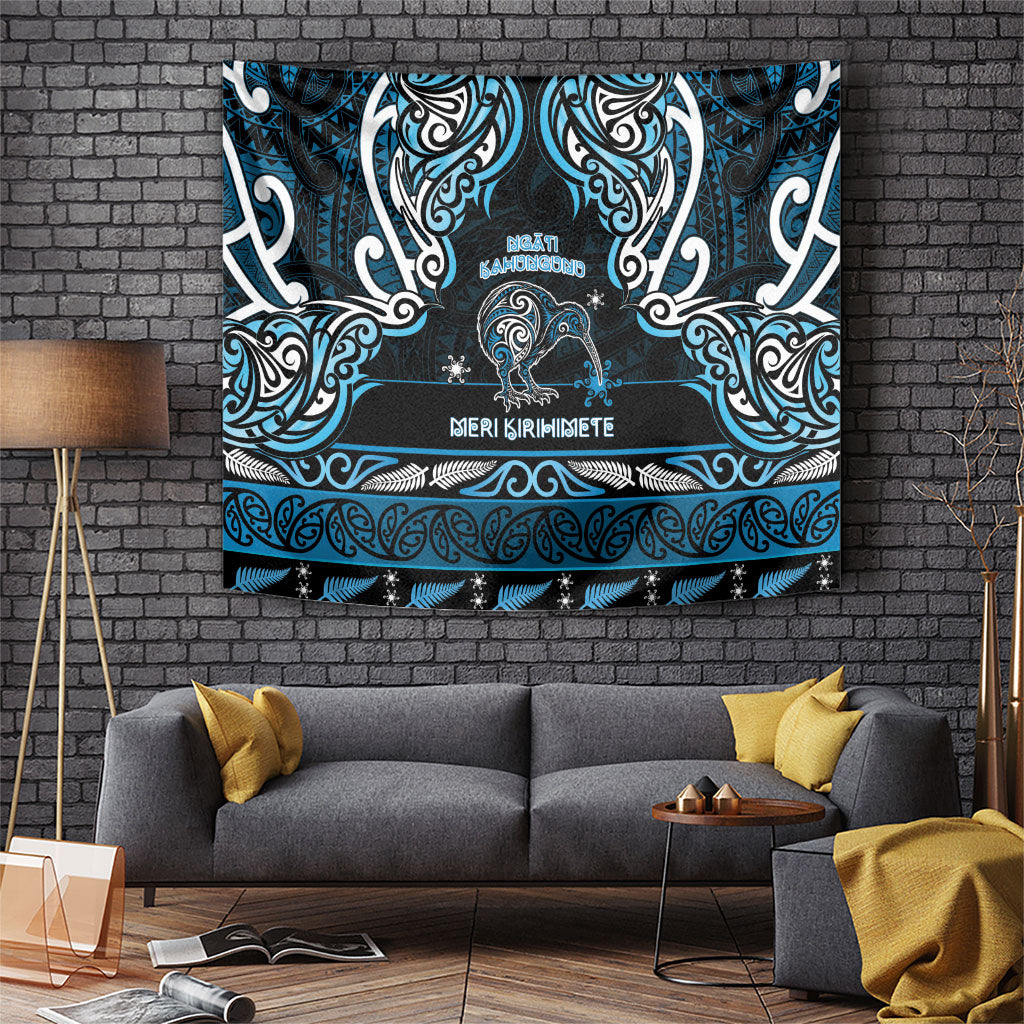 Ngati Kahungunu Aotearoa Meri Kirihimete Tapestry Maori Kiwi Bird Silver Fern Koru Pattern DT05 Blue - Polynesian Pride