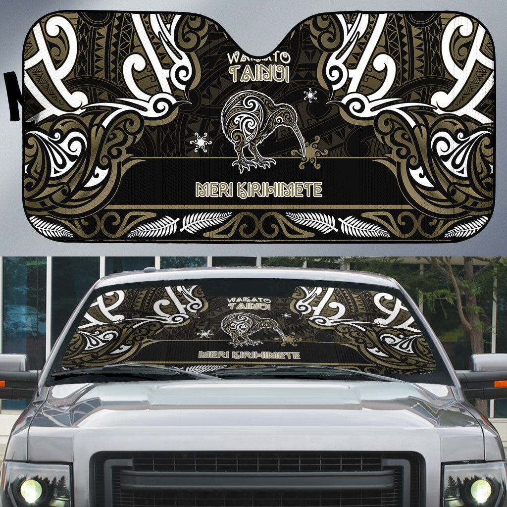 Waikato Tainui Aotearoa Meri Kirihimete Auto Sun Shade Maori Kiwi Bird Silver Fern Koru Pattern DT05 Gold - Polynesian Pride