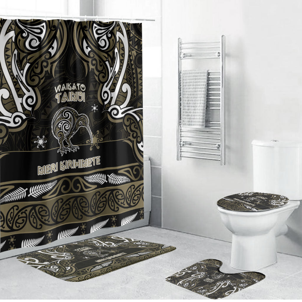 Waikato Tainui Aotearoa Meri Kirihimete Bathroom Set Maori Kiwi Bird Silver Fern Koru Pattern DT05 Bathroom Set (4 pcs) Gold - Polynesian Pride