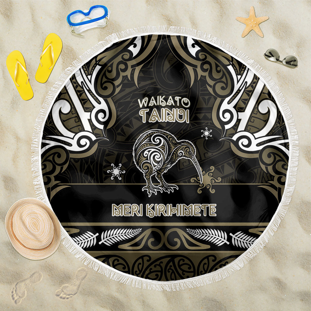 Waikato Tainui Aotearoa Meri Kirihimete Beach Blanket Maori Kiwi Bird Silver Fern Koru Pattern DT05 One Size 150cm Gold - Polynesian Pride