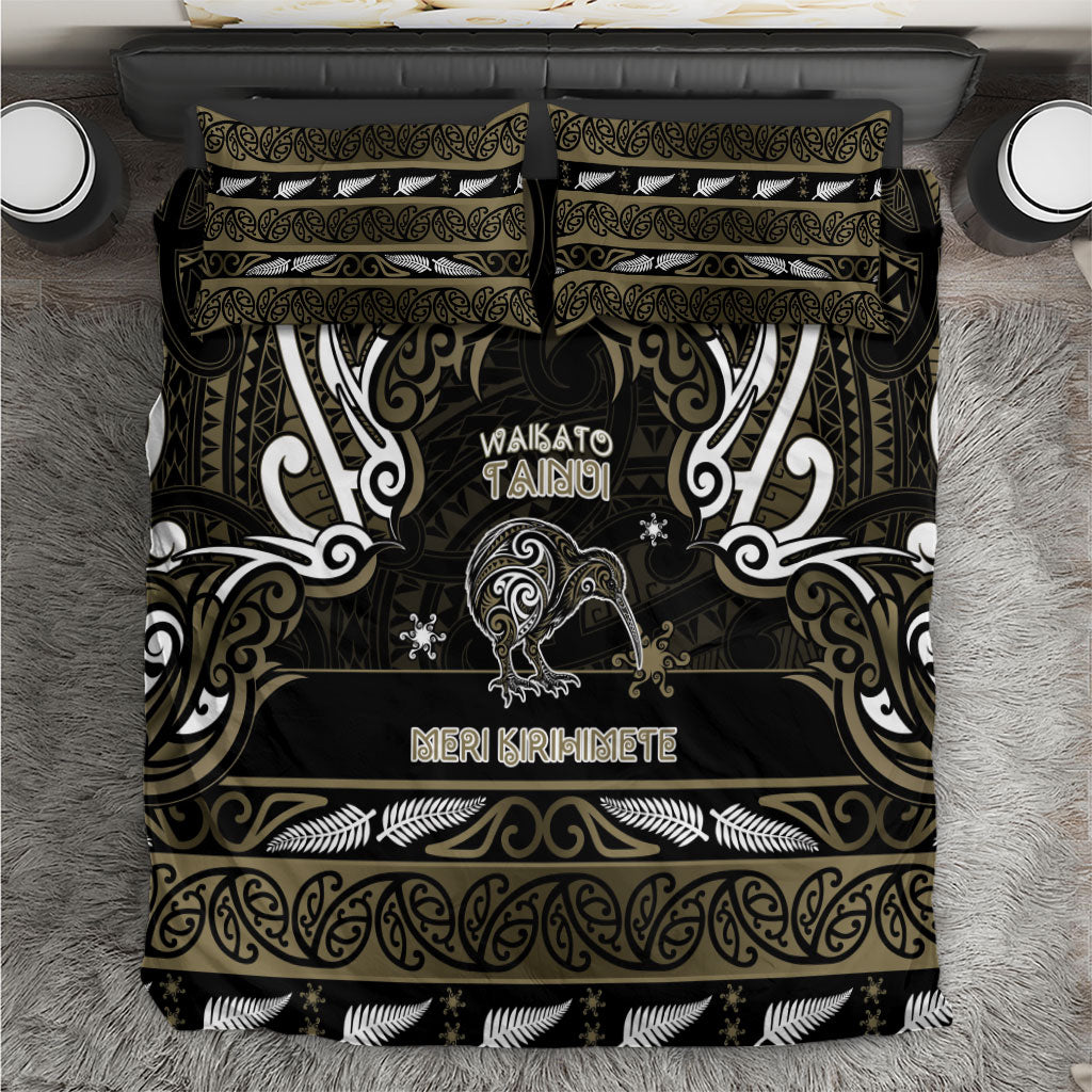 Waikato Tainui Aotearoa Meri Kirihimete Bedding Set Maori Kiwi Bird Silver Fern Koru Pattern DT05 Gold - Polynesian Pride