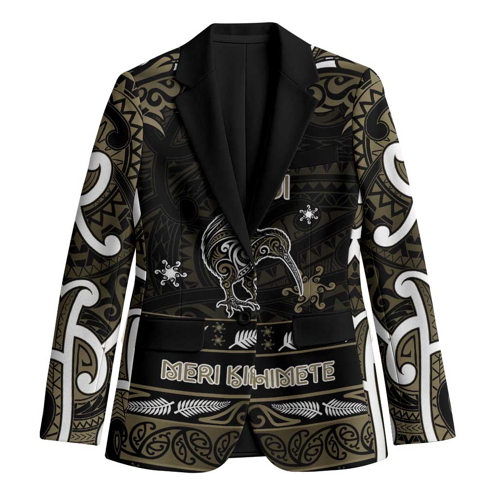 Personalised Waikato Tainui Aotearoa Meri Kirihimete Blazer Maori Kiwi Bird Silver Fern Koru Pattern DT05 Unisex Gold - Polynesian Pride