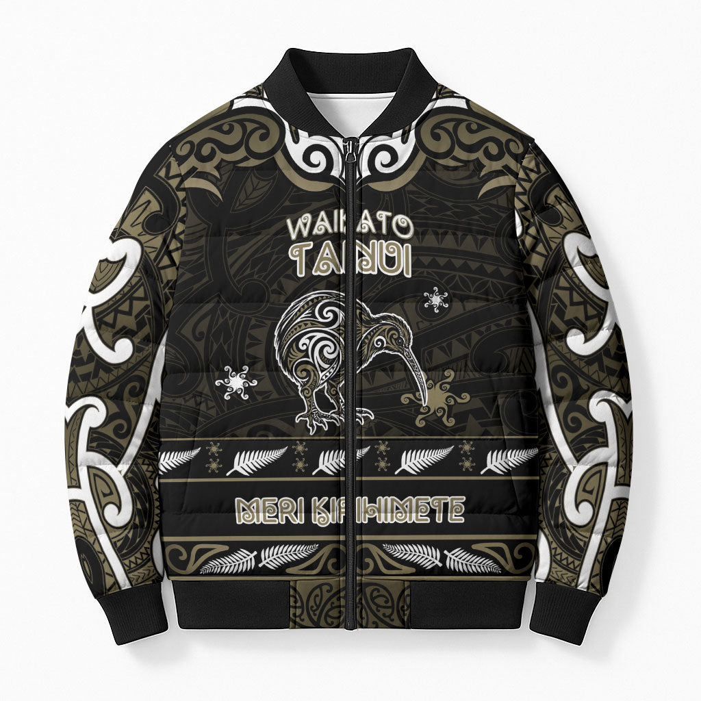 Personalised Waikato Tainui Aotearoa Meri Kirihimete Bomber Puffer Jacket Maori Kiwi Bird Silver Fern Koru Pattern DT05 Unisex Gold - Polynesian Pride