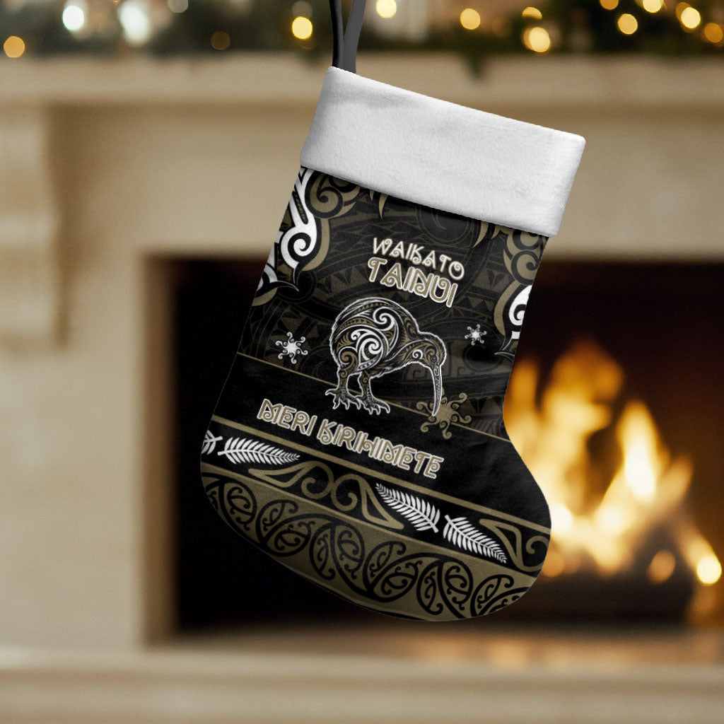 Personalised Waikato Tainui Aotearoa Meri Kirihimete Christmas Stocking Maori Kiwi Bird Silver Fern Koru Pattern DT05 Set of 2 Gold - Polynesian Pride