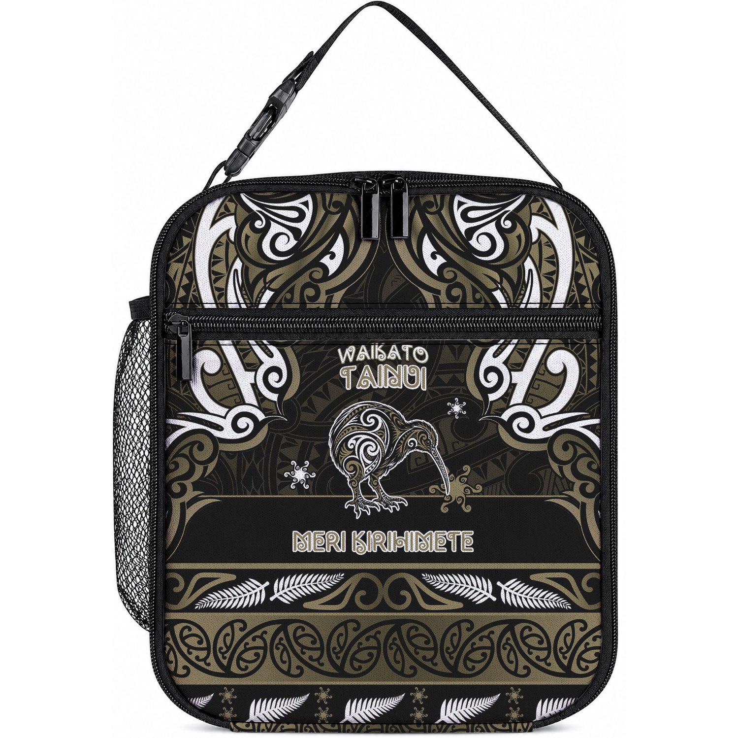 Waikato Tainui Aotearoa Meri Kirihimete Lunch Bag Maori Kiwi Bird Silver Fern Koru Pattern DT05 10.2 × 8.3 × 4.3 inch Gold - Polynesian Pride