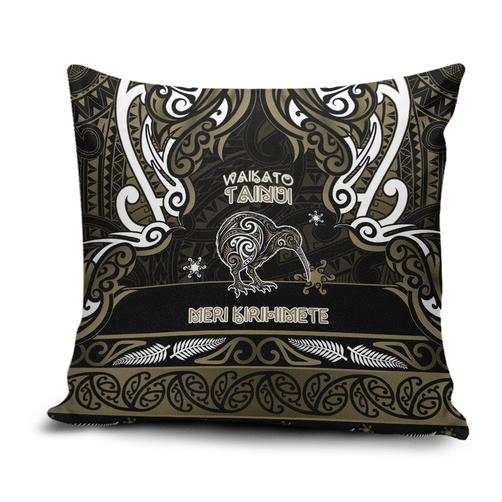 Waikato Tainui Aotearoa Meri Kirihimete Pillow Cover Maori Kiwi Bird Silver Fern Koru Pattern DT05 Gold - Polynesian Pride
