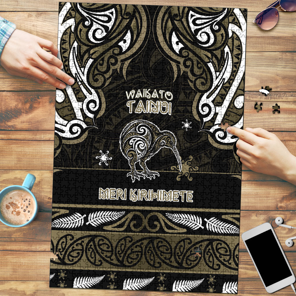 Waikato Tainui Aotearoa Meri Kirihimete Puzzle Maori Kiwi Bird Silver Fern Koru Pattern DT05 Gold - Polynesian Pride