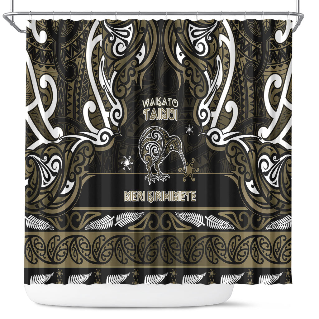 Waikato Tainui Aotearoa Meri Kirihimete Shower Curtain Maori Kiwi Bird Silver Fern Koru Pattern DT05 Gold - Polynesian Pride