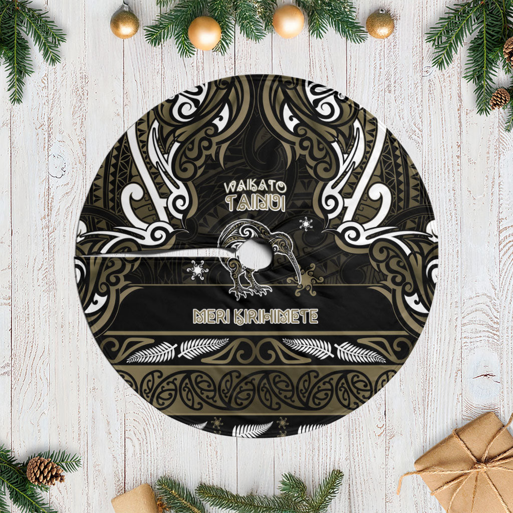 Waikato Tainui Aotearoa Meri Kirihimete Tree Skirt Maori Kiwi Bird Silver Fern Koru Pattern DT05 Casual Gold - Polynesian Pride