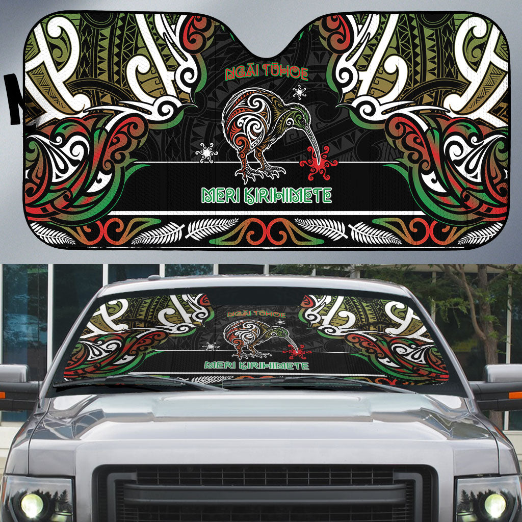 Ngai Tuhoe Aotearoa Meri Kirihimete Auto Sun Shade Maori Kiwi Bird Silver Fern Koru Pattern DT05 Multicolor - Polynesian Pride