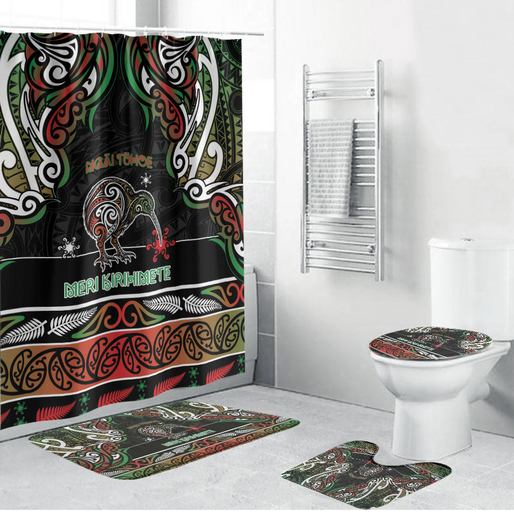 Ngai Tuhoe Aotearoa Meri Kirihimete Bathroom Set Maori Kiwi Bird Silver Fern Koru Pattern DT05 Bathroom Set (4 pcs) Multicolor - Polynesian Pride