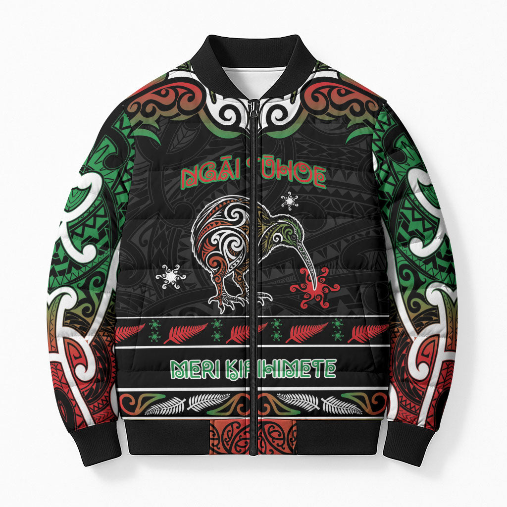 Personalised Ngai Tuhoe Aotearoa Meri Kirihimete Bomber Puffer Jacket Maori Kiwi Bird Silver Fern Koru Pattern DT05 Unisex Multicolor - Polynesian Pride
