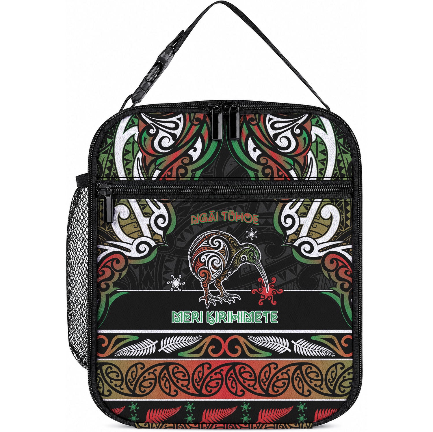 Ngai Tuhoe Aotearoa Meri Kirihimete Lunch Bag Maori Kiwi Bird Silver Fern Koru Pattern DT05 10.2 × 8.3 × 4.3 inch Multicolor - Polynesian Pride