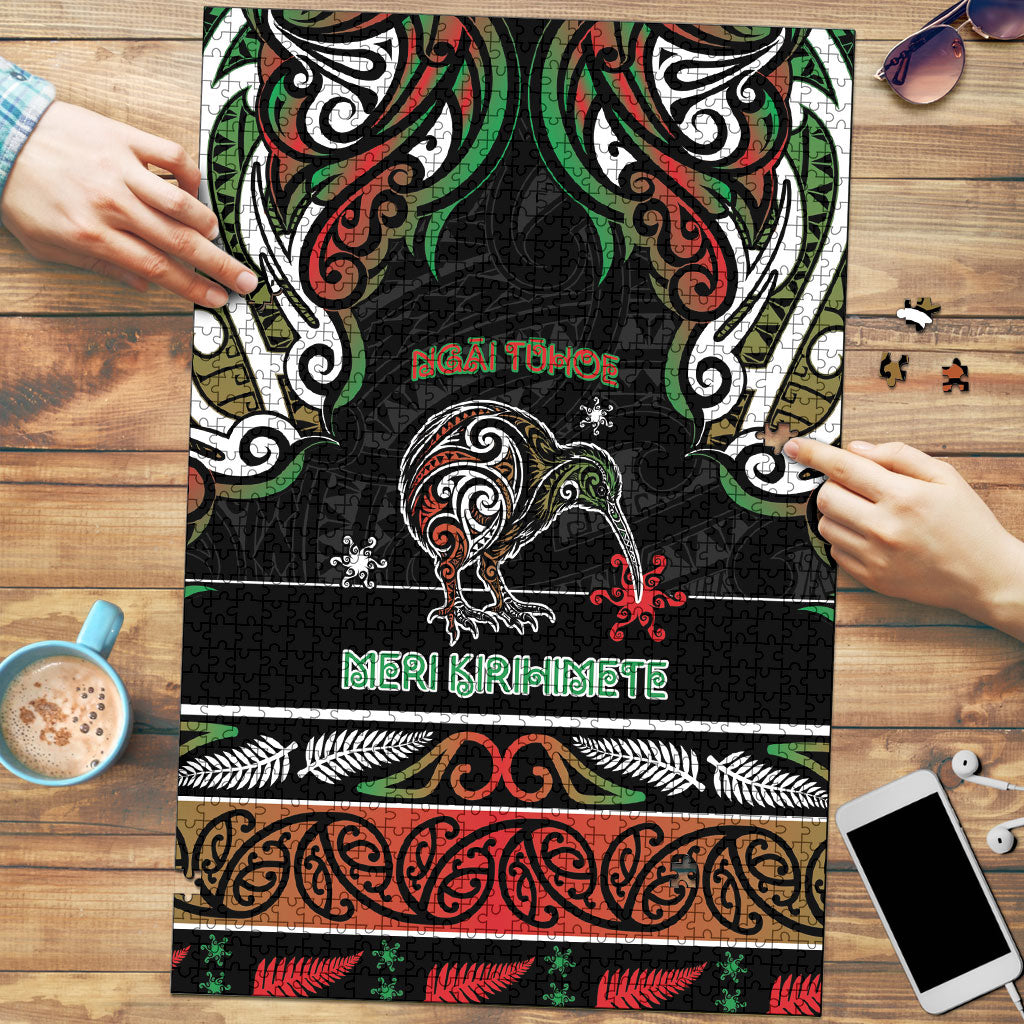Ngai Tuhoe Aotearoa Meri Kirihimete Puzzle Maori Kiwi Bird Silver Fern Koru Pattern DT05 Multicolor - Polynesian Pride