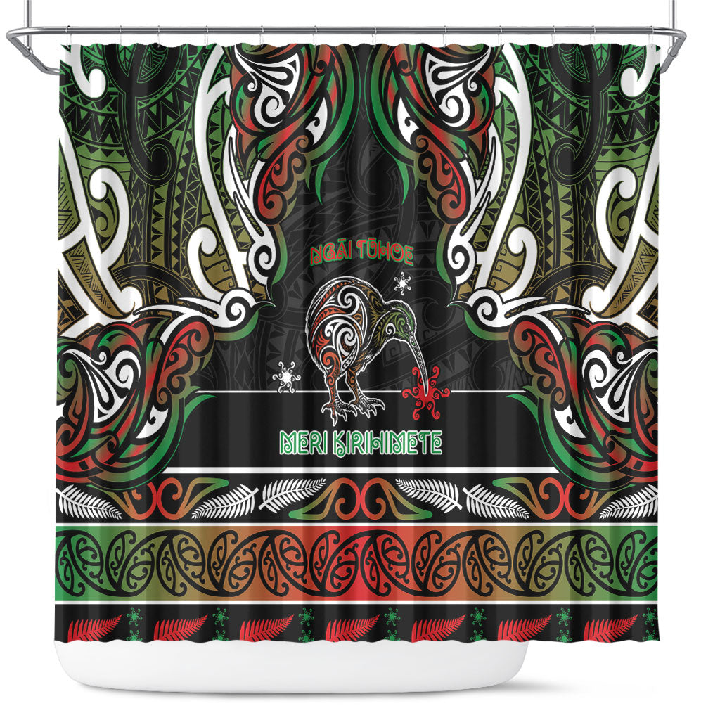 Ngai Tuhoe Aotearoa Meri Kirihimete Shower Curtain Maori Kiwi Bird Silver Fern Koru Pattern DT05 Multicolor - Polynesian Pride