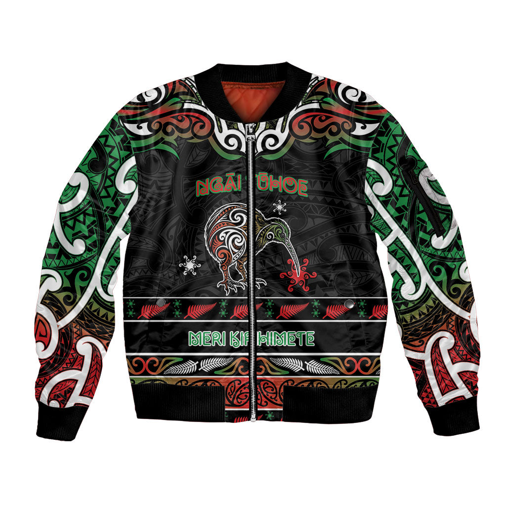 Personalised Ngai Tuhoe Aotearoa Meri Kirihimete Sleeve Zip Bomber Jacket Maori Kiwi Bird Silver Fern Koru Pattern DT05 Unisex Multicolor - Polynesian Pride