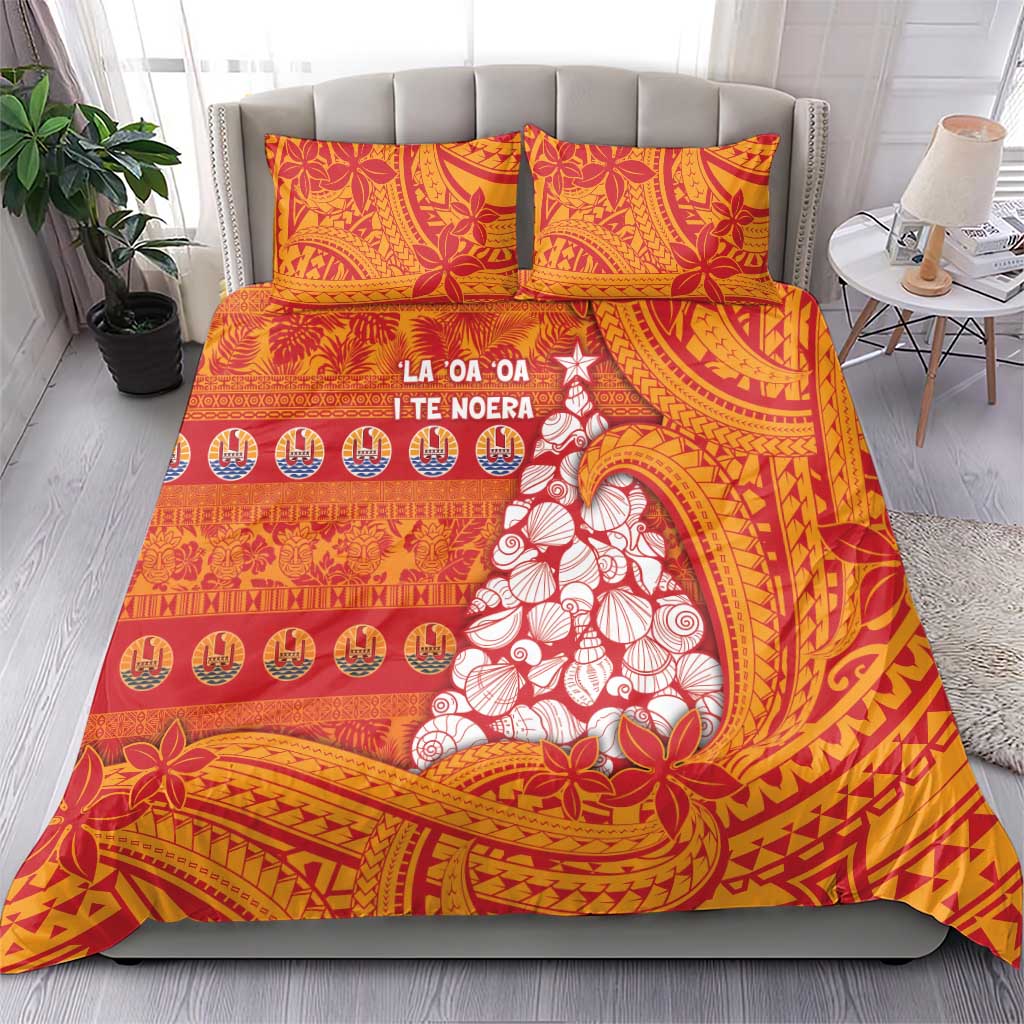 French Polynesia Christmas Bedding Set Seashell Xmas Tree Tribal Waves - Polynesian Pride