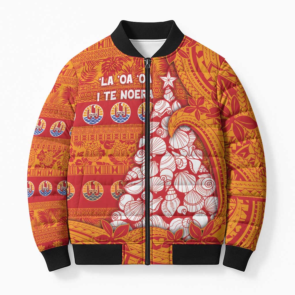 French Polynesia Christmas Bomber Puffer Jacket Seashell Xmas Tree Tribal Waves - Polynesian Pride