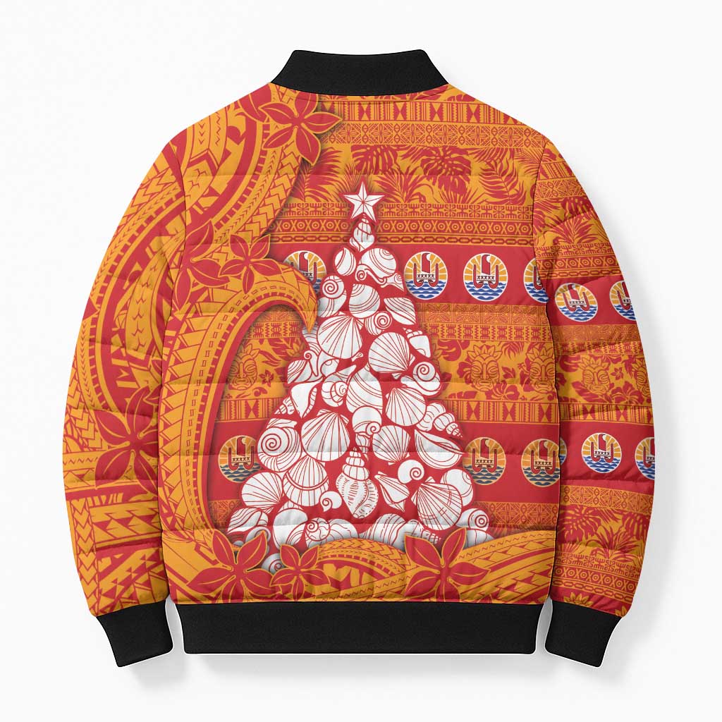 French Polynesia Christmas Bomber Puffer Jacket Seashell Xmas Tree Tribal Waves - Polynesian Pride
