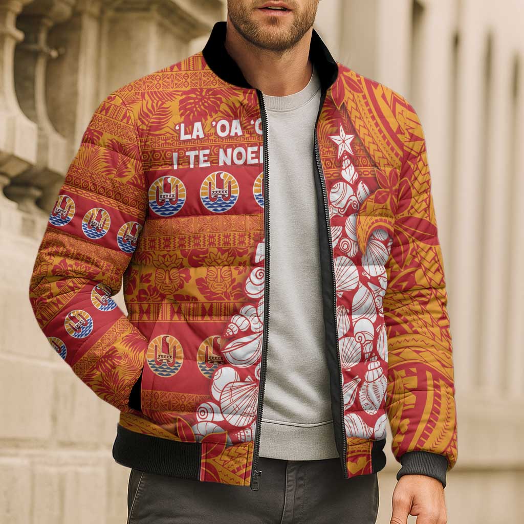 French Polynesia Christmas Bomber Puffer Jacket Seashell Xmas Tree Tribal Waves - Polynesian Pride